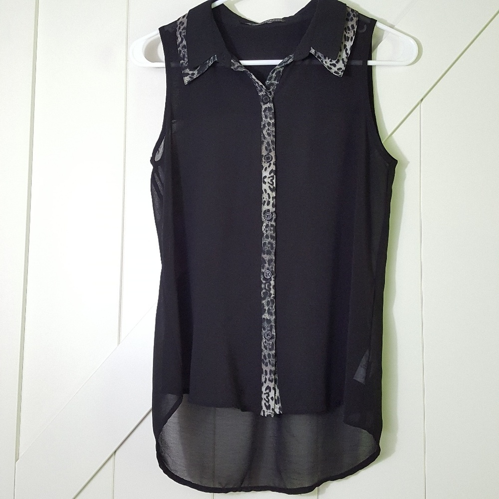 Maurice's Sheer Black w/Leopard Trim Blouse